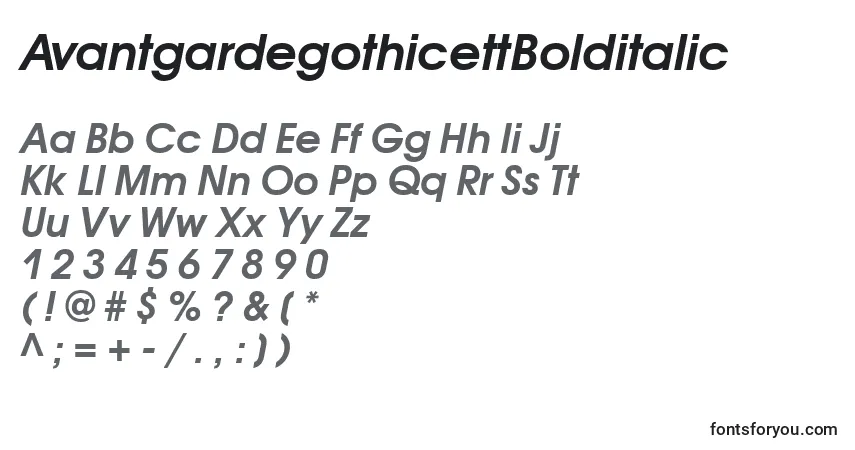Schriftart AvantgardegothicettBolditalic – Alphabet, Zahlen, spezielle Symbole