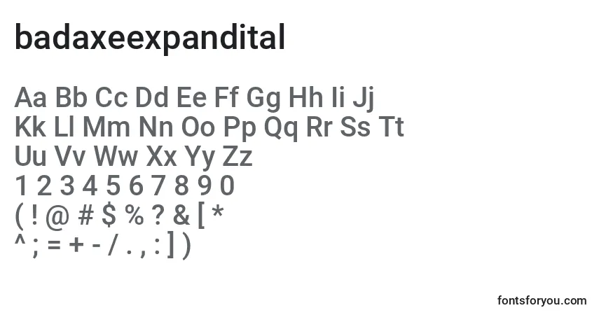 A fonte Badaxeexpandital (120475) – alfabeto, números, caracteres especiais