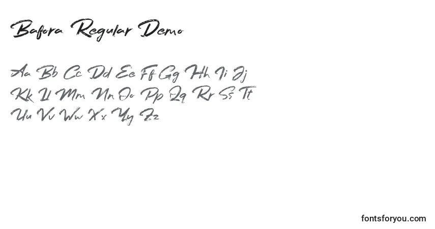 Schriftart Bafora Regular Demo – Alphabet, Zahlen, spezielle Symbole