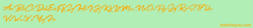フォントBafora Regular Demo – オレンジの文字が緑の背景にあります。