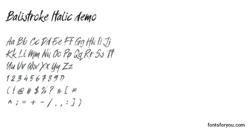 Schriftart Balistroke Italic demo – Alphabet, Zahlen, spezielle Symbole