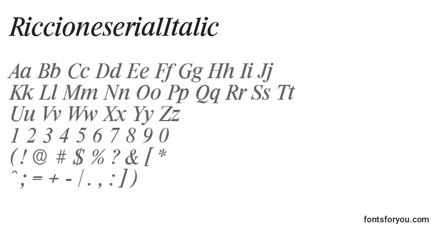Czcionka RiccioneserialItalic – alfabet, cyfry, specjalne znaki