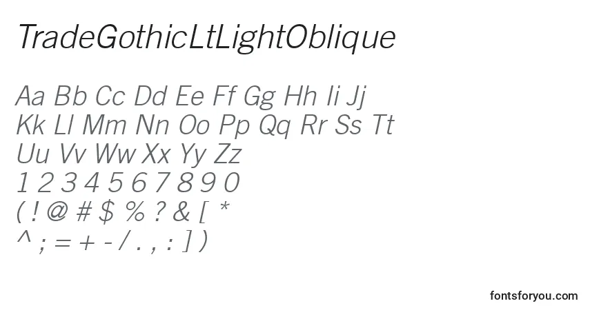 Schriftart TradeGothicLtLightOblique – Alphabet, Zahlen, spezielle Symbole