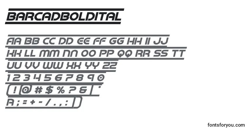 Czcionka Barcadboldital – alfabet, cyfry, specjalne znaki