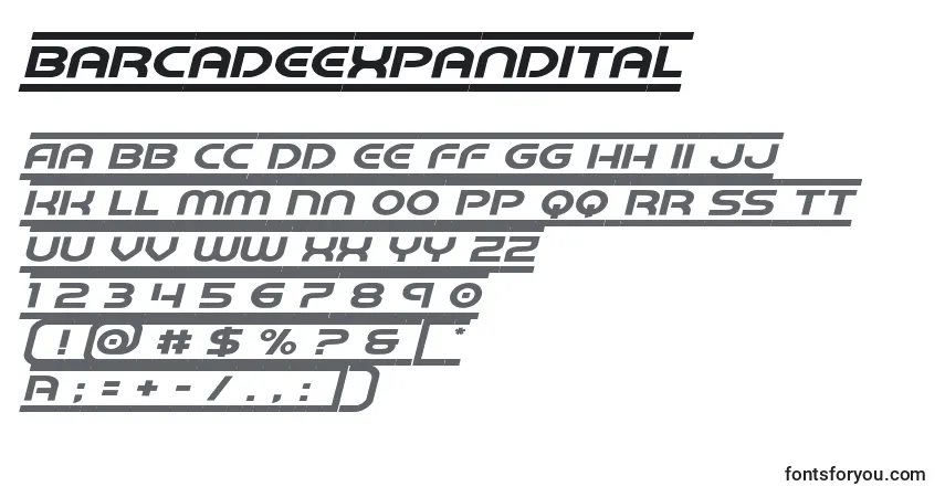 Шрифт Barcadeexpandital – алфавит, цифры, специальные символы