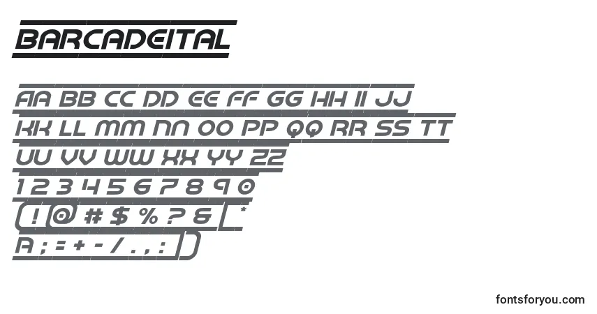 Czcionka Barcadeital – alfabet, cyfry, specjalne znaki