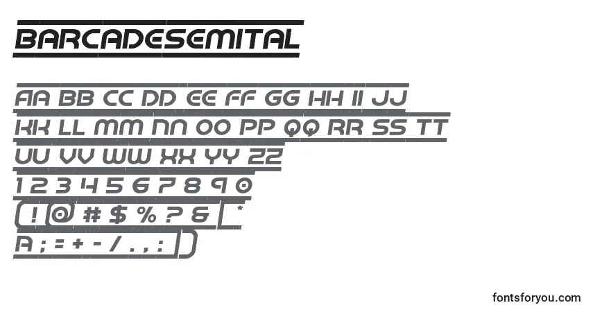 Schriftart Barcadesemital – Alphabet, Zahlen, spezielle Symbole