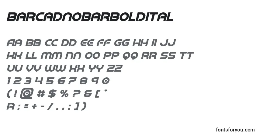 Czcionka Barcadnobarboldital – alfabet, cyfry, specjalne znaki