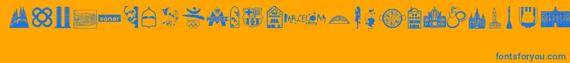 Barcelona-Schriftart – Blaue Schriften auf orangefarbenem Hintergrund