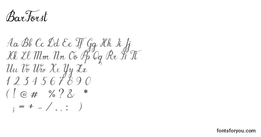 Schriftart BarForst – Alphabet, Zahlen, spezielle Symbole