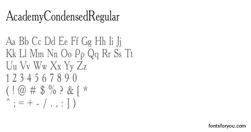 Czcionka AcademyCondensedRegular – alfabet, cyfry, specjalne znaki