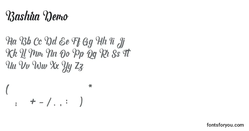 A fonte Bashira Demo (120774) – alfabeto, números, caracteres especiais