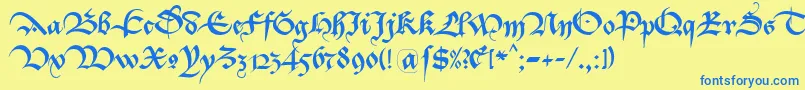 Bastarda K-Schriftart – Blaue Schriften auf gelbem Hintergrund