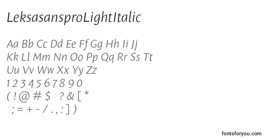 Schriftart LeksasansproLightItalic – Alphabet, Zahlen, spezielle Symbole