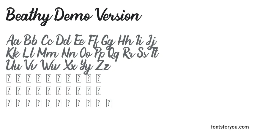 A fonte Beathy Demo Version – alfabeto, números, caracteres especiais
