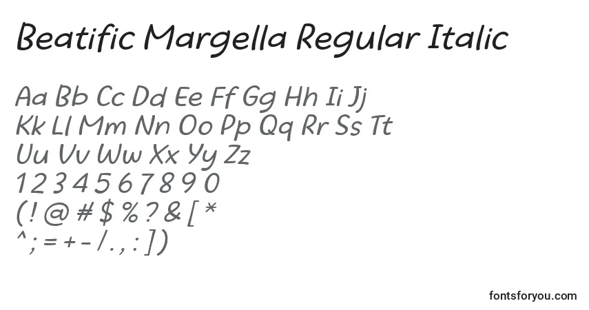 Шрифт Beatific Margella Regular Italic – алфавит, цифры, специальные символы
