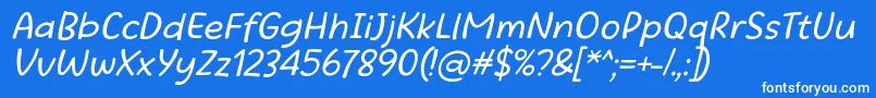 Beatific Margella Regular Italic-fontti – valkoiset fontit sinisellä taustalla