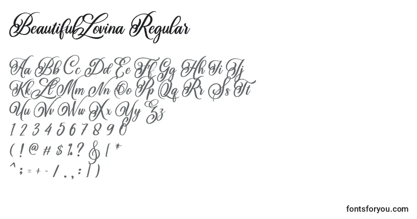 A fonte BeautifulLovina Regular – alfabeto, números, caracteres especiais