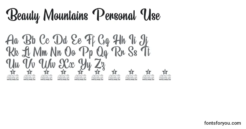 Schriftart Beauty Mountains Personal Use – Alphabet, Zahlen, spezielle Symbole