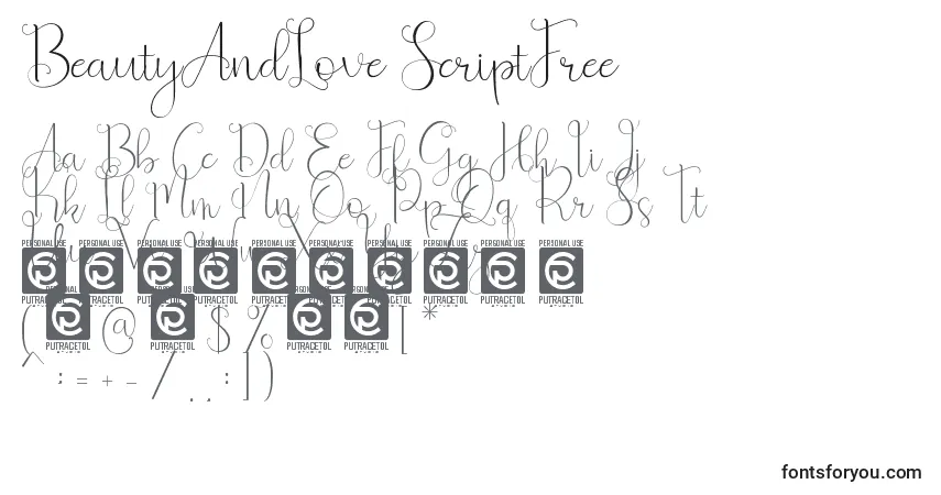 A fonte BeautyAndLove ScriptFree – alfabeto, números, caracteres especiais