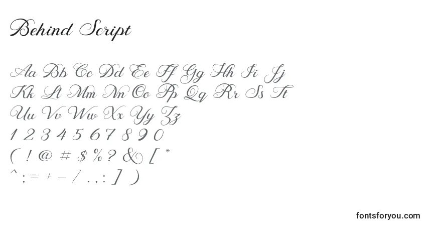 Czcionka Behind Script – alfabet, cyfry, specjalne znaki