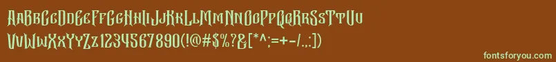 フォントBekelakar Allcaps – 緑色の文字が茶色の背景にあります。