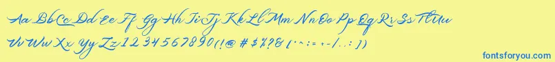フォントBelgiansignature – 青い文字が黄色の背景にあります。