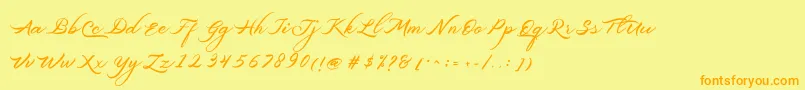 フォントBelgiansignature – オレンジの文字が黄色の背景にあります。