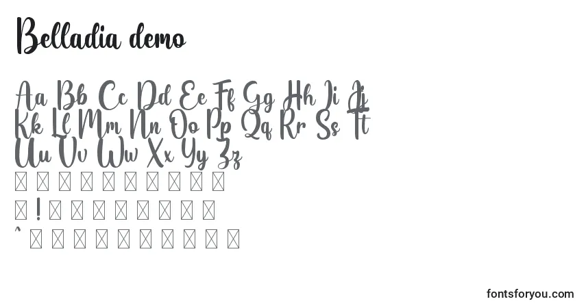 A fonte Belladia demo – alfabeto, números, caracteres especiais