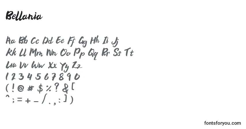 A fonte Bellania – alfabeto, números, caracteres especiais