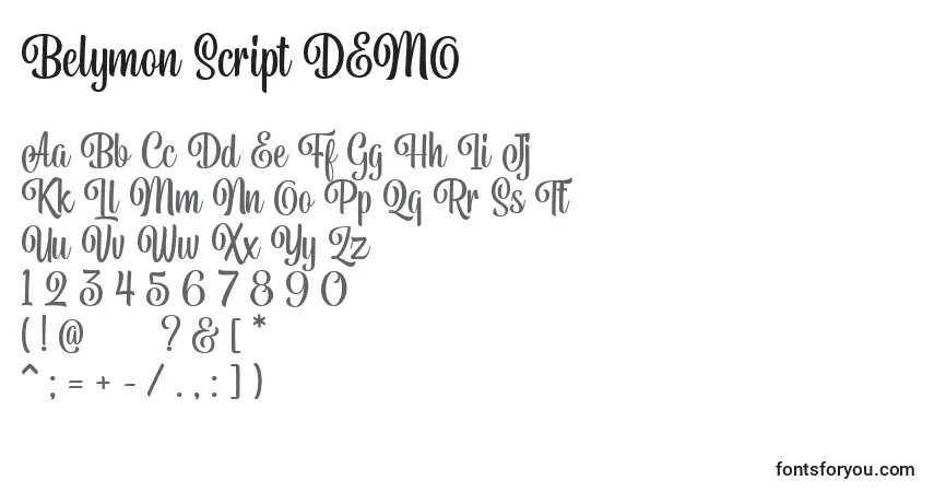 Belymon Script DEMO-fontti – aakkoset, numerot, erikoismerkit