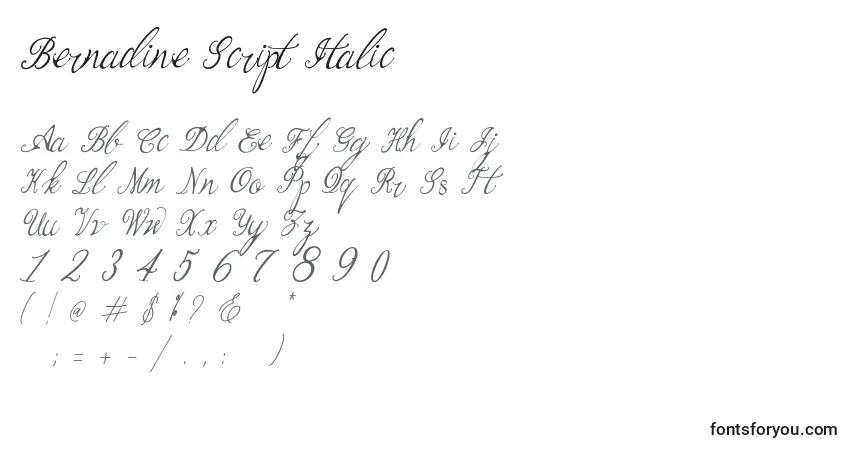 Schriftart Bernadine Script Italic – Alphabet, Zahlen, spezielle Symbole