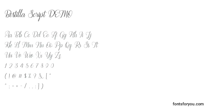 Шрифт Bestilla Script DEMO – алфавит, цифры, специальные символы