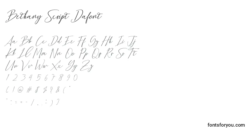 Bethany Script Dafont-fontti – aakkoset, numerot, erikoismerkit