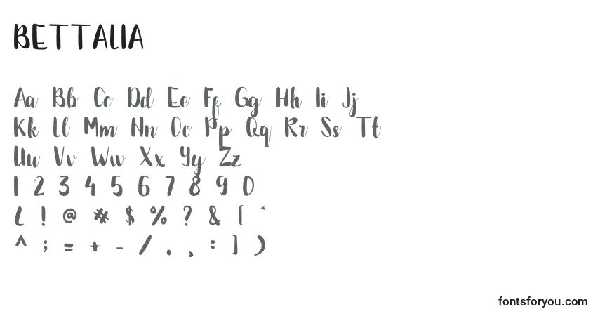 Czcionka BETTALIA – alfabet, cyfry, specjalne znaki
