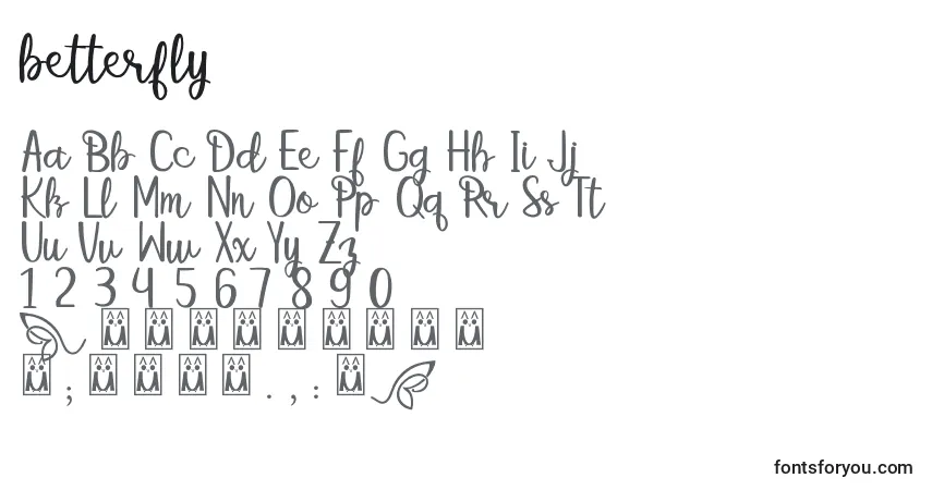 Czcionka Betterfly – alfabet, cyfry, specjalne znaki