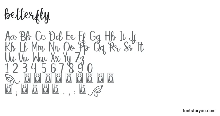 Schriftart Betterfly (121182) – Alphabet, Zahlen, spezielle Symbole