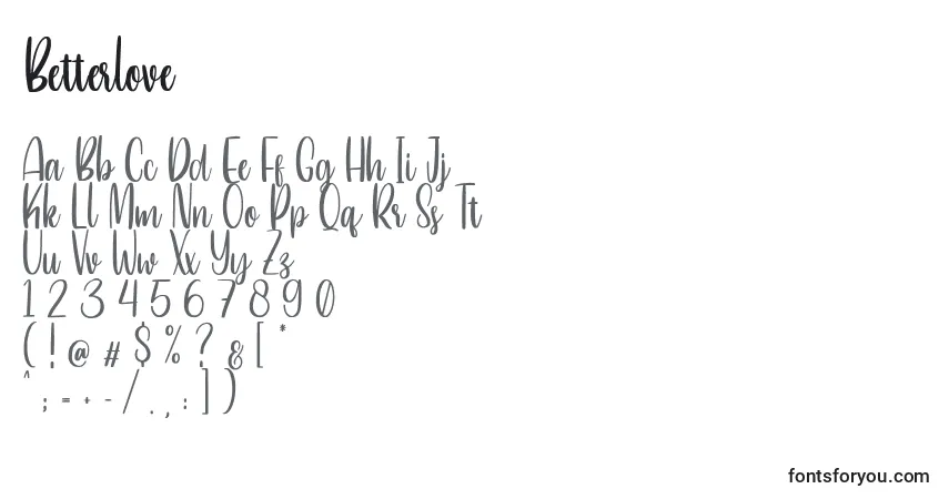 Czcionka Betterlove – alfabet, cyfry, specjalne znaki