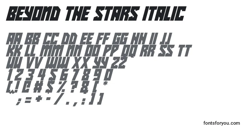 Шрифт Beyond The Stars Italic – алфавит, цифры, специальные символы