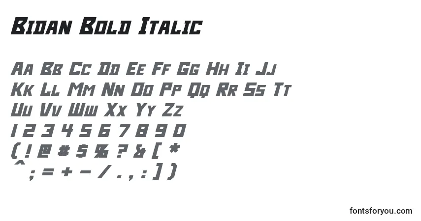 Czcionka Bidan Bold Italic – alfabet, cyfry, specjalne znaki