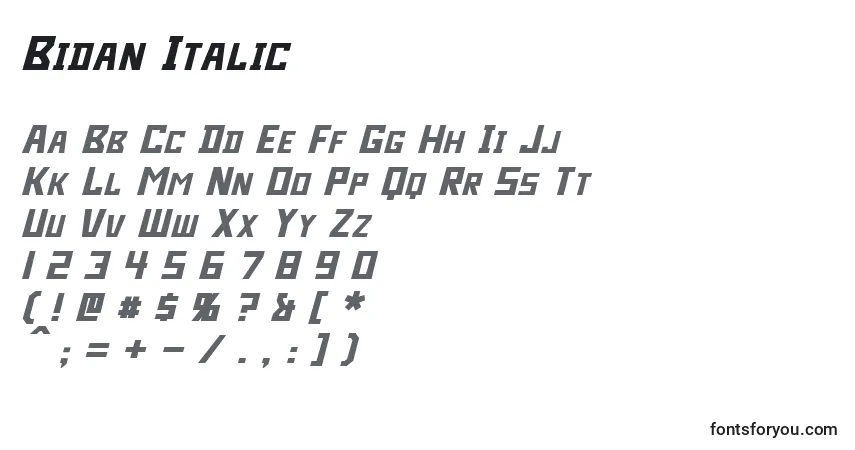 Czcionka Bidan Italic – alfabet, cyfry, specjalne znaki