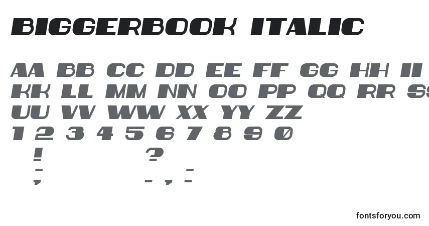Шрифт BiggerBook Italic – алфавит, цифры, специальные символы