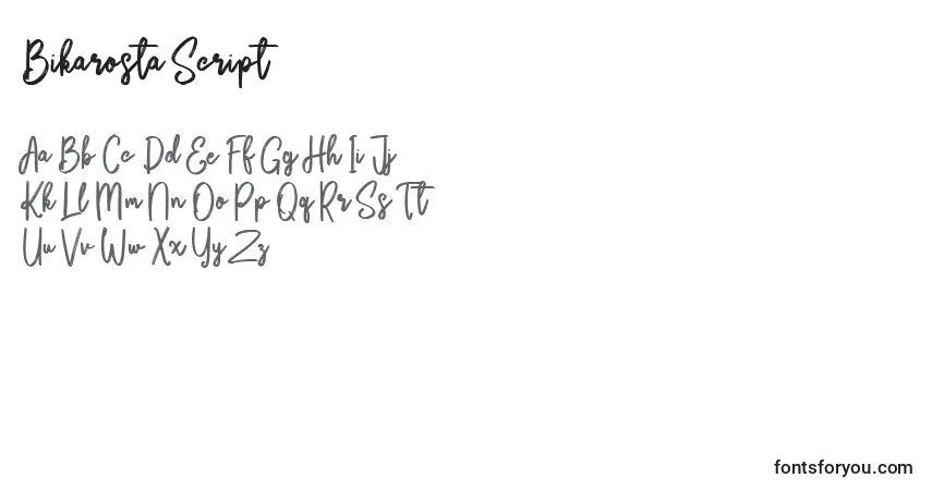 Czcionka Bikarosta Script – alfabet, cyfry, specjalne znaki