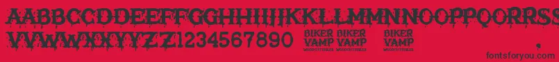Weitere Informationen zur Biker Vamp-Schriftart Biker Vamp-Schriftart – Schwarze Schriften auf rotem Hintergrund