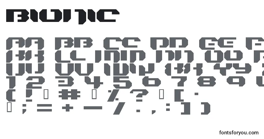 A fonte Bionic (121330) – alfabeto, números, caracteres especiais