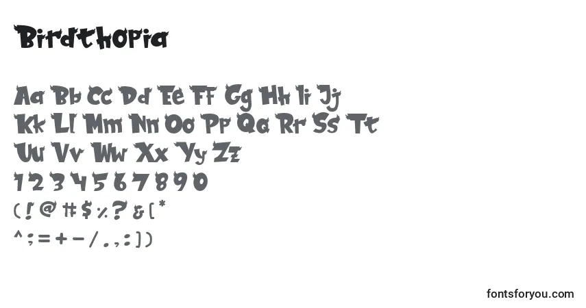 Czcionka Birdthopia – alfabet, cyfry, specjalne znaki