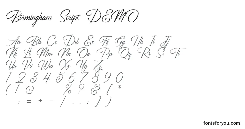 A fonte Birmingham Script DEMO – alfabeto, números, caracteres especiais