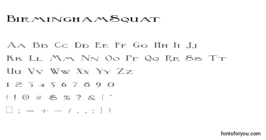 A fonte BirminghamSquat (121356) – alfabeto, números, caracteres especiais