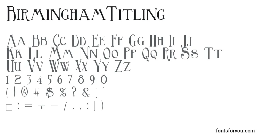Schriftart BirminghamTitling (121357) – Alphabet, Zahlen, spezielle Symbole