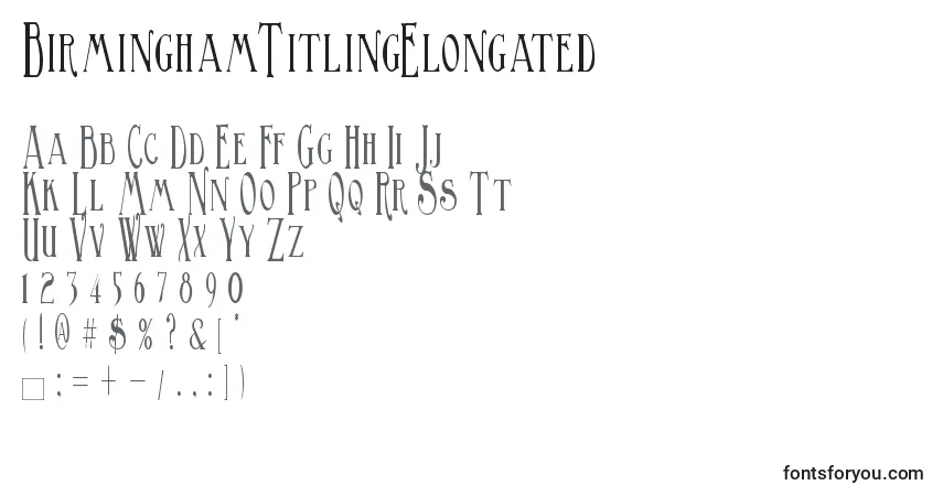 A fonte BirminghamTitlingElongated (121359) – alfabeto, números, caracteres especiais